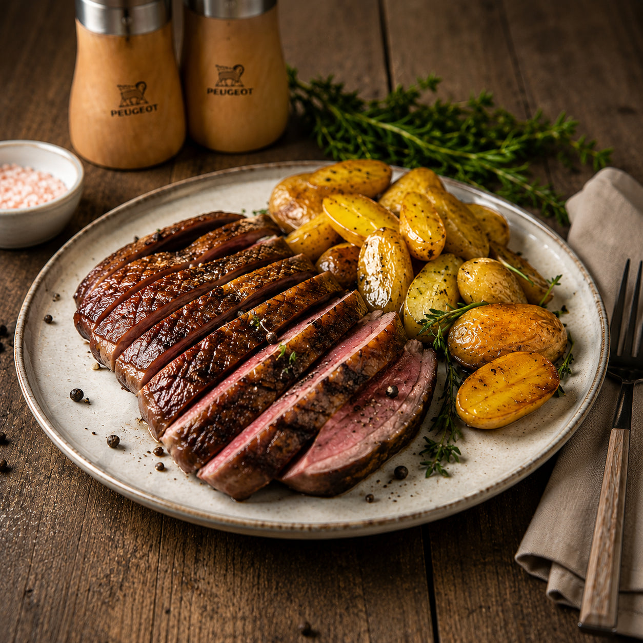 Magret de canard au poivre noir de Kampot et pommes de terre grenaille