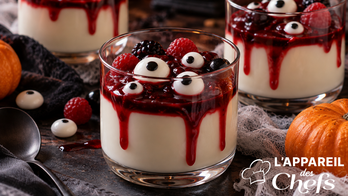🎃 Panna cotta d'Halloween à la vanille, coulis de fruits rouges et yeux en sucre 👀