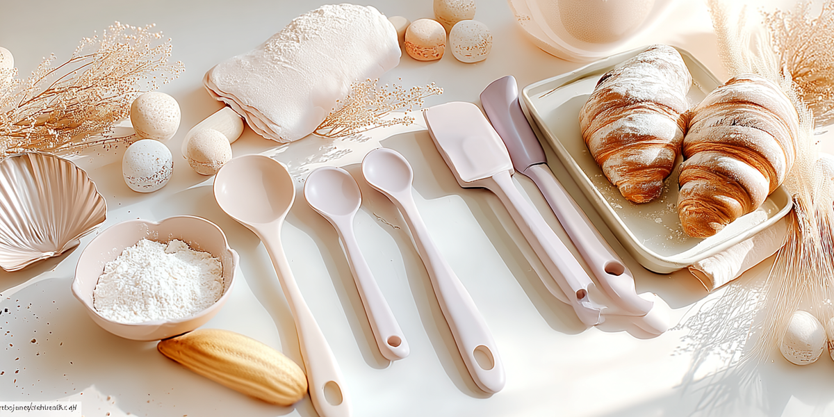 Ustensiles de pâtisserie aux tons pastel avec spatules, cuillères et accessoires de préparation accompagnés de croissants et macarons