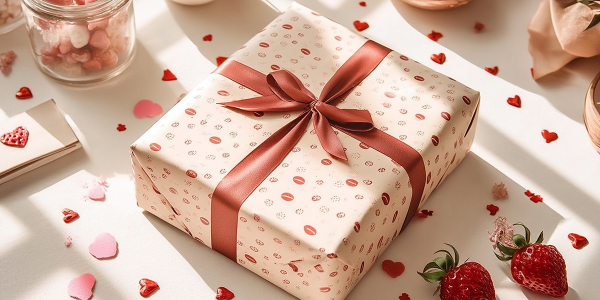 Emballage cadeau avec ruban et décorations en forme de cœur