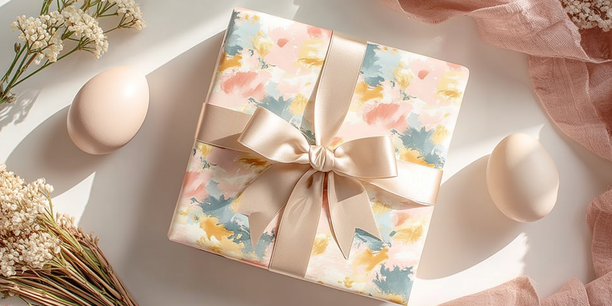 Emballage cadeau fleuri avec ruban satiné et œufs décoratifs