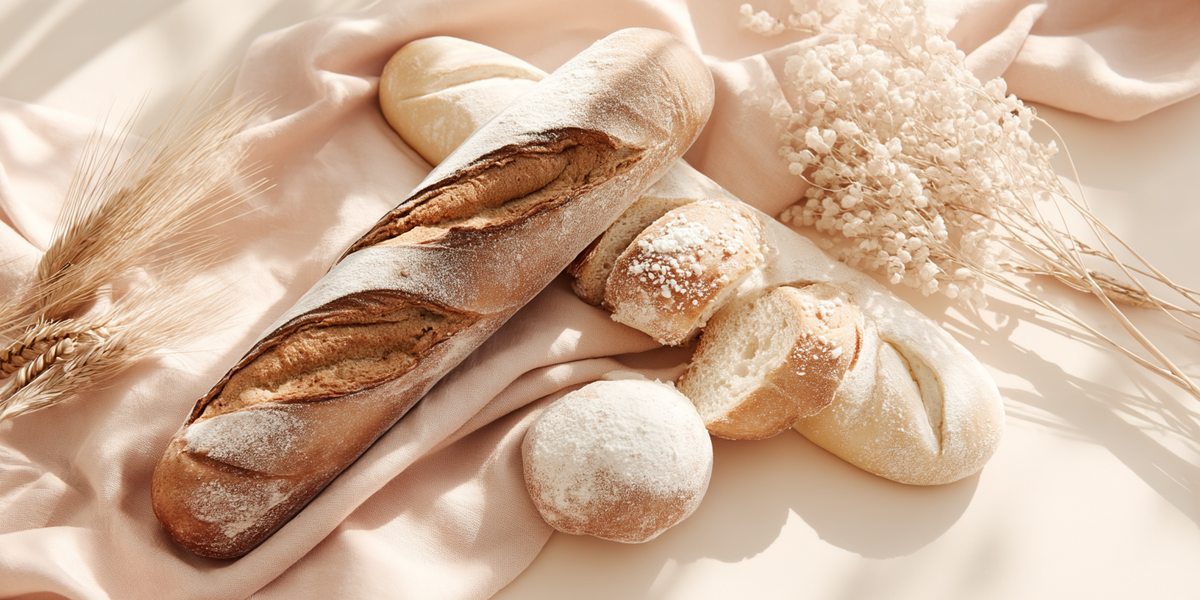 Assortiment de pains artisanaux et baguette farinée présenté sur un tissu beige dans une ambiance chaleureuse de boulangerie