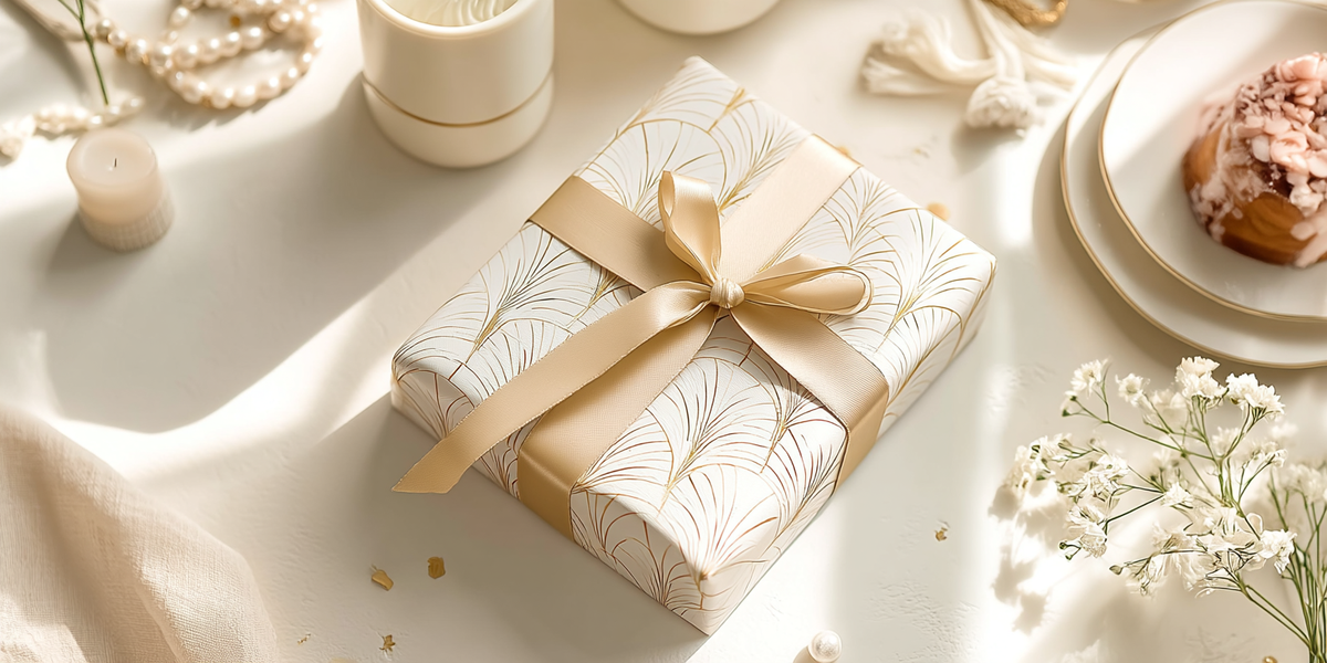 Emballage cadeau élégant avec ruban doré et motifs végétaux