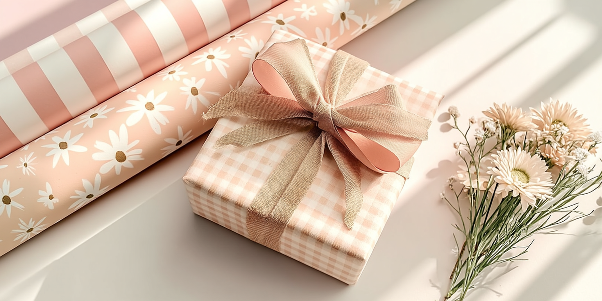 Emballage cadeau fleuri avec ruban et papiers décoratifs