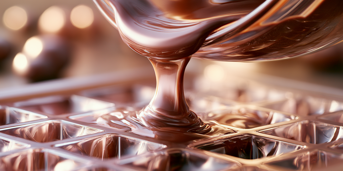Chocolat fondu versé dans un moule à chocolats