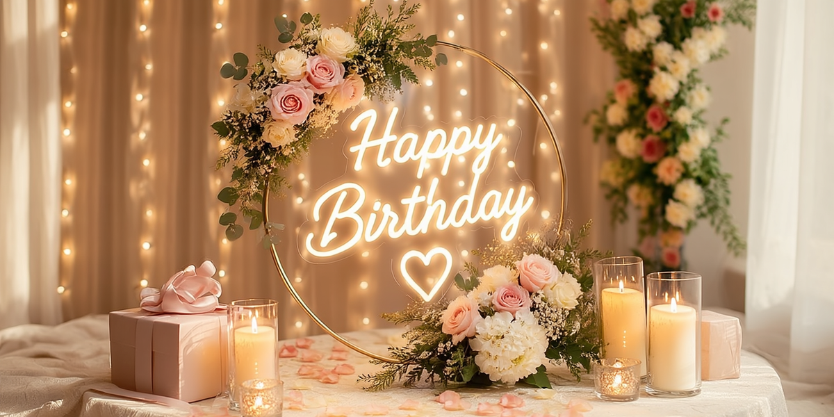 Décoration d’anniversaire fleurie avec bougies et panneau lumineux « Happy Birthday »