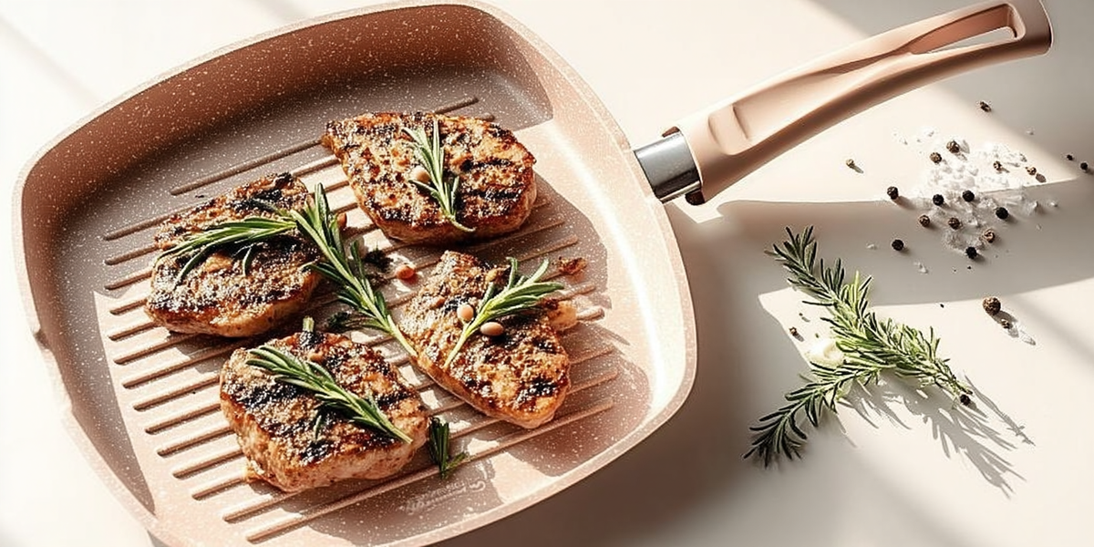 Poêle grill avec revêtement antiadhésif et manche amovible