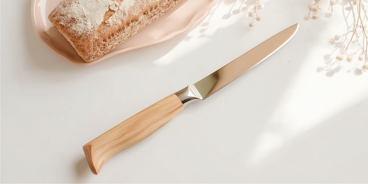 Couteau de cuisine avec manche en bois et lame en acier inoxydable, présenté avec du pain