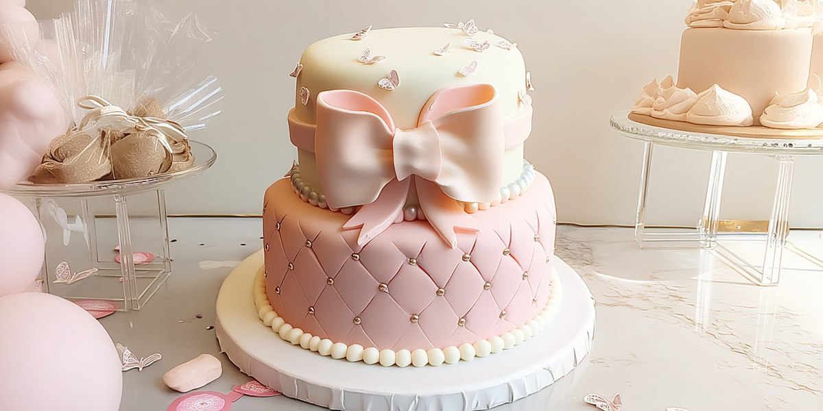 Gâteau rose à étages décoré d’un grand nœud et effet matelassé