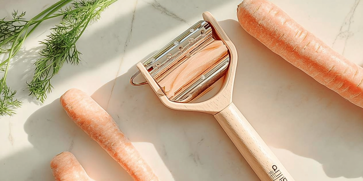 Éplucheur à légumes avec manche en bois et carottes