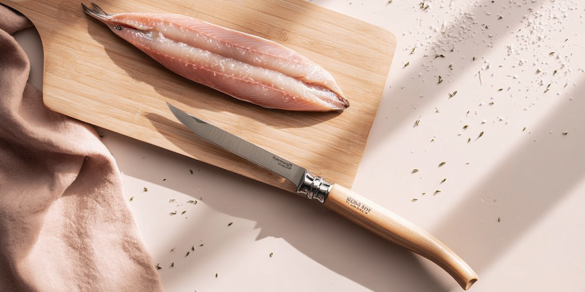 Couteau à poisson avec manche en bois sur planche à découper