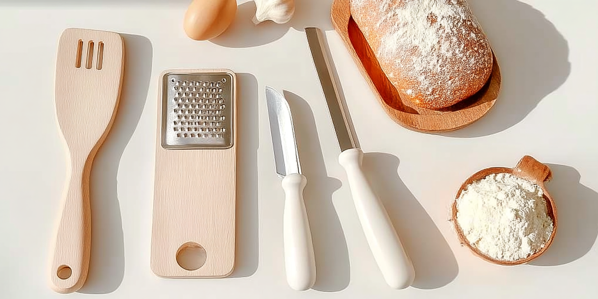 Ustensiles de cuisine en bois avec râpe, couteaux et farine