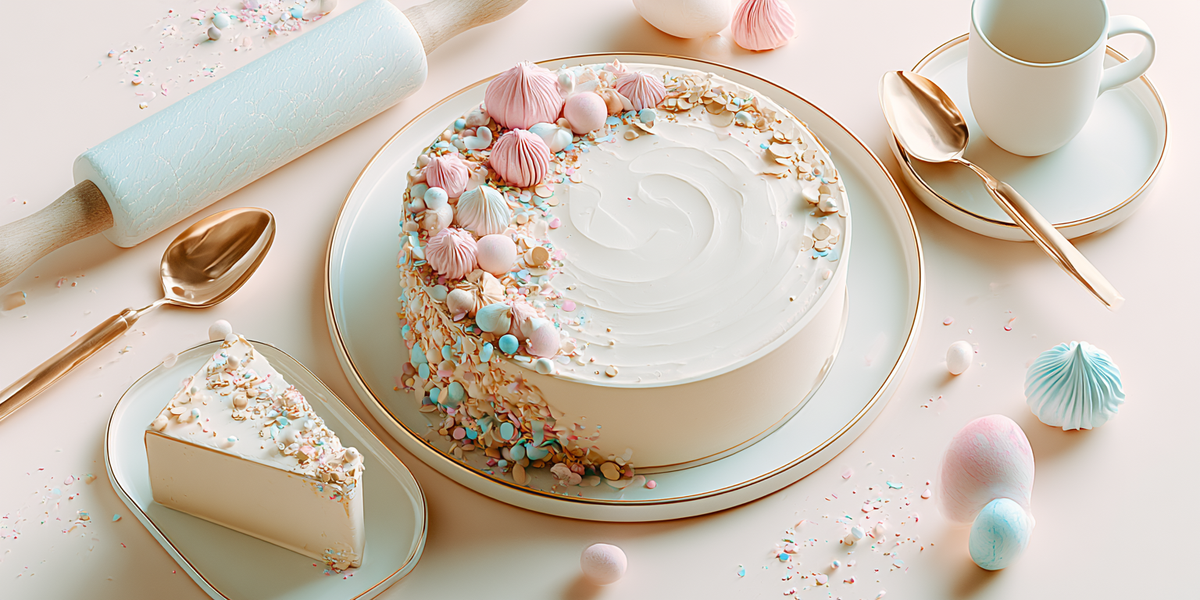 Gâteau blanc décoré de meringues et décors en sucre pastel