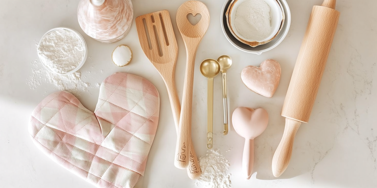 Ustensiles de pâtisserie en bois et accessoires roses