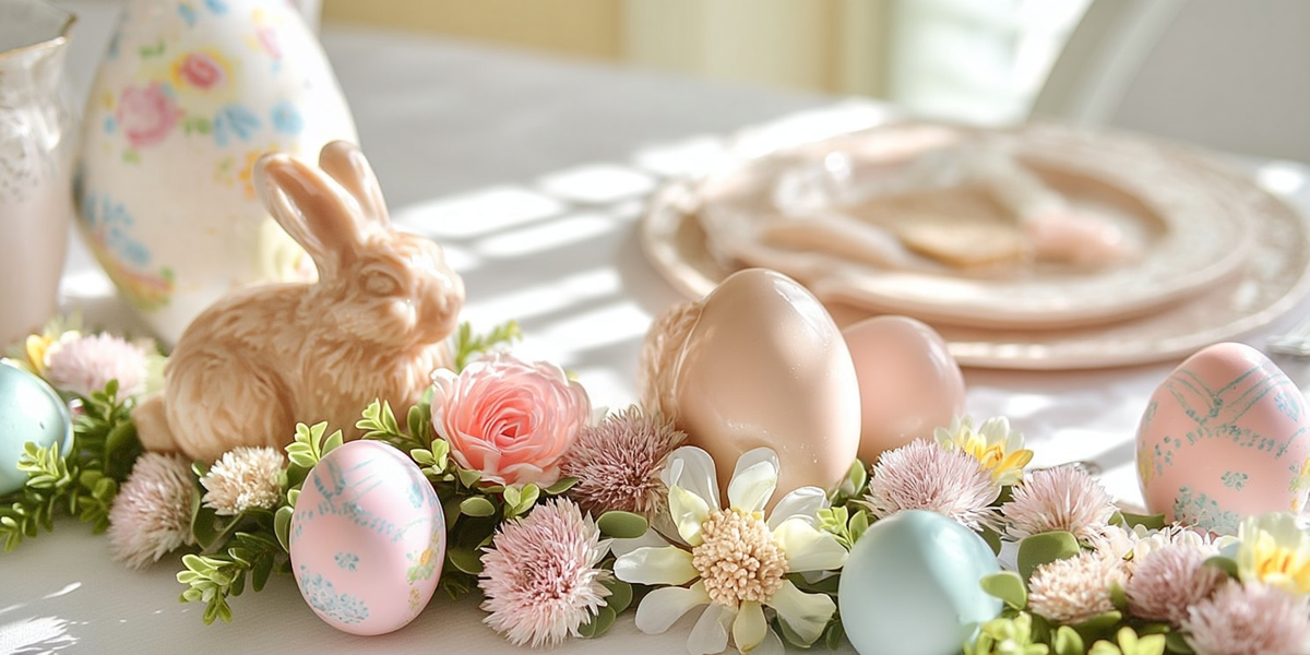 Décoration de Pâques avec œufs, lapin et fleurs pastel