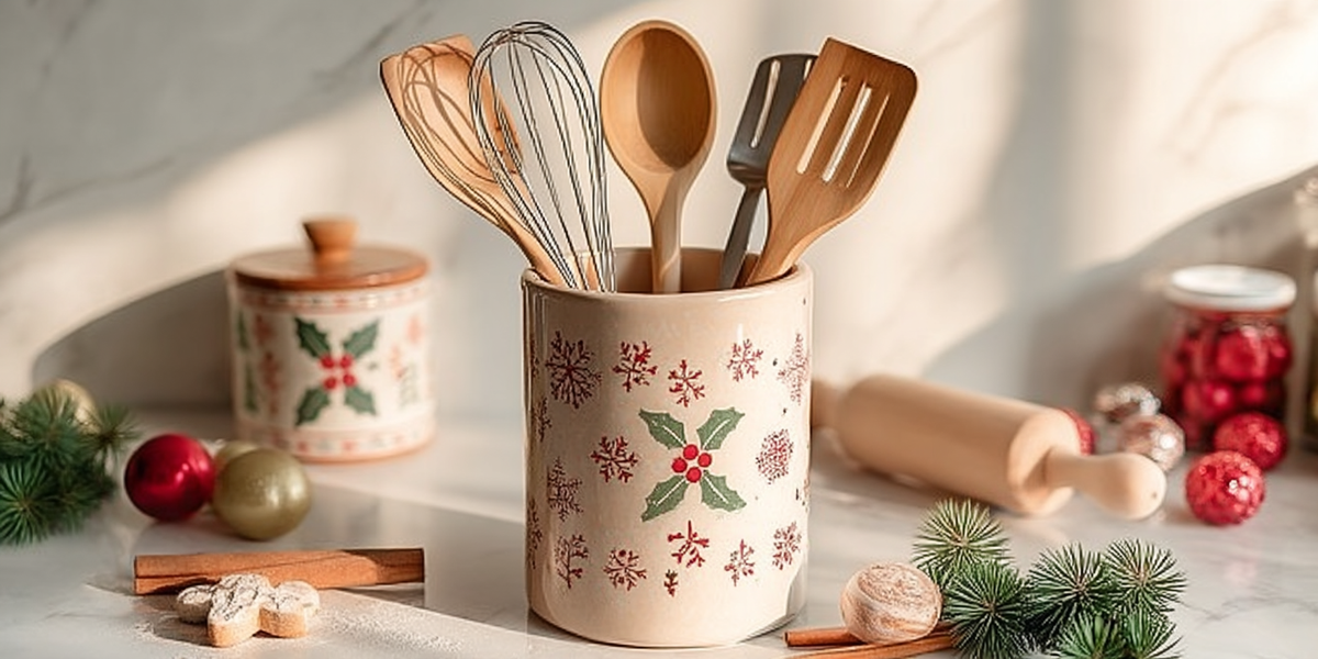 Ustensiles de cuisine en bois et fouets présentés dans un pot décoré aux motifs de Noël, avec accessoires de pâtisserie et décorations festives