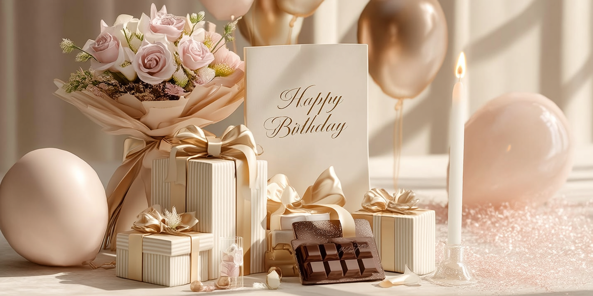 Décoration d’anniversaire élégante avec cadeaux, bouquet de roses, ballons et chocolat dans des tons rose poudré et beige