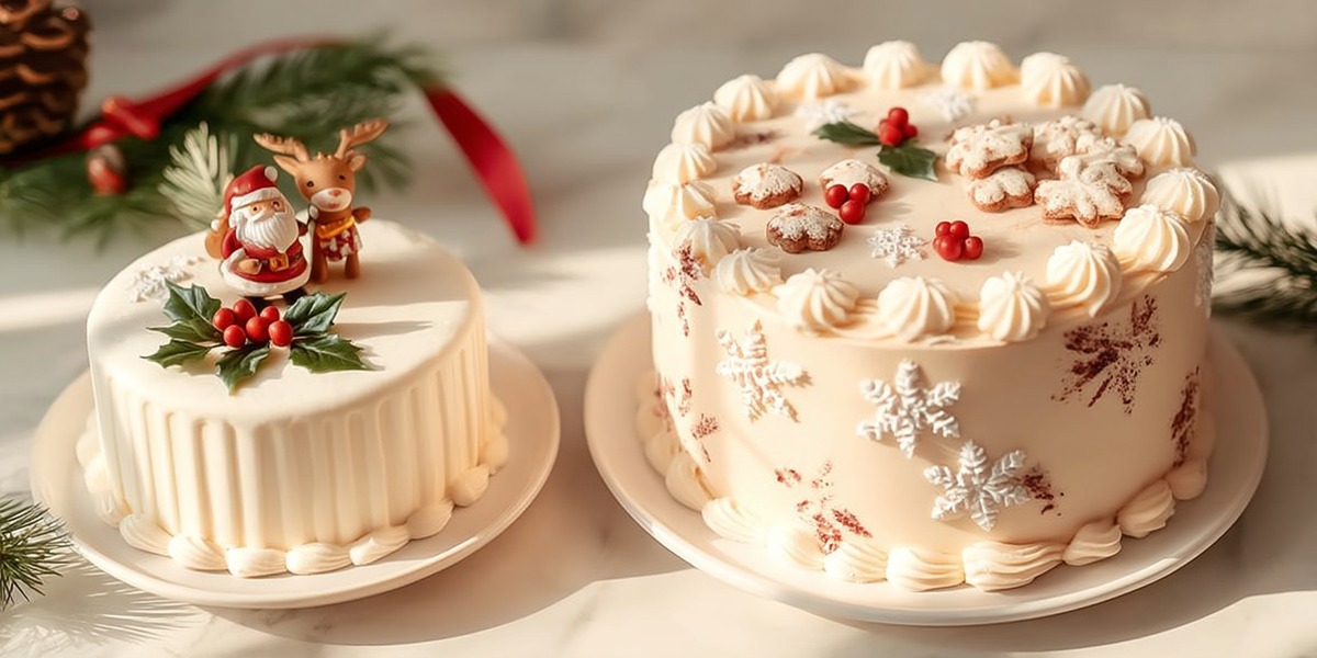 Deux gâteaux de Noël décorés de crème, flocons de neige et figurines festives dans une ambiance chaleureuse et élégante