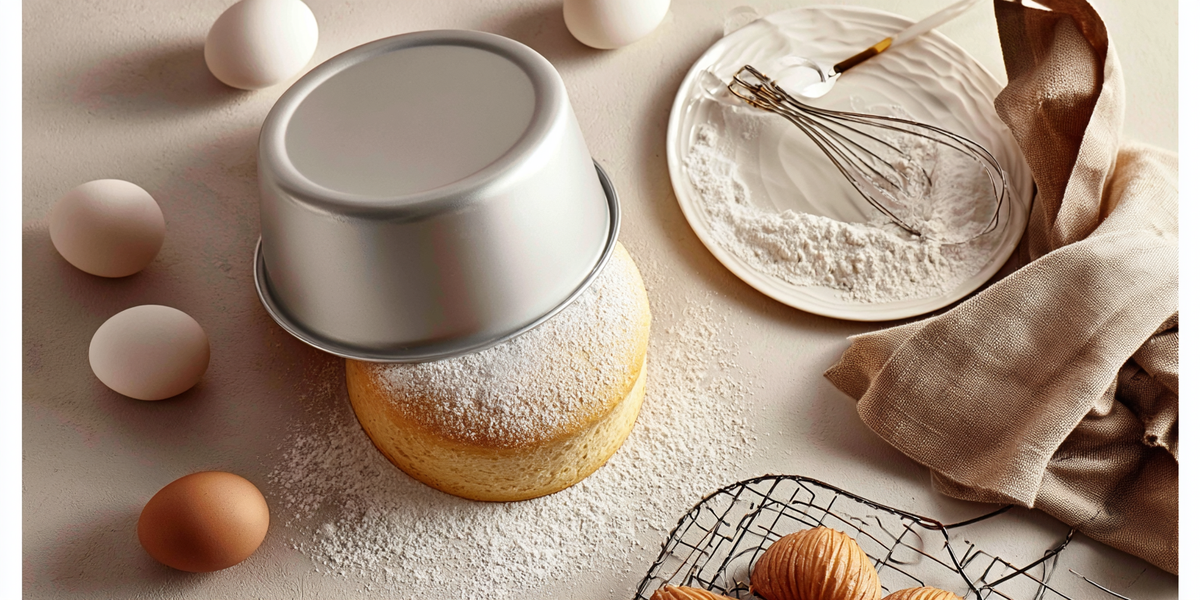 Moule à gâteau rond en aluminium avec gâteau et ingrédients de pâtisserie