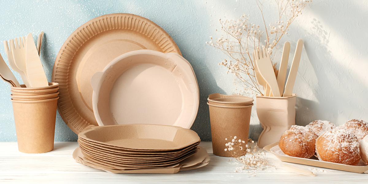 Vaisselle jetable en carton avec assiettes, gobelets et couverts