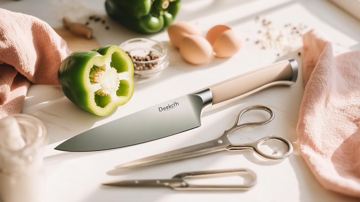 Couteau de cuisine avec lame en acier inoxydable accompagné de ciseaux de cuisine, présenté avec un poivron vert