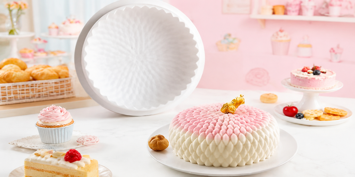 Moule à entremets texturé avec gâteau décoré rose et blanc