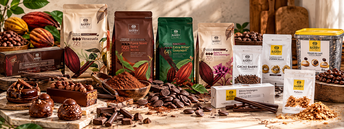 Produits Cacao Barry avec fèves de cacao et chocolat