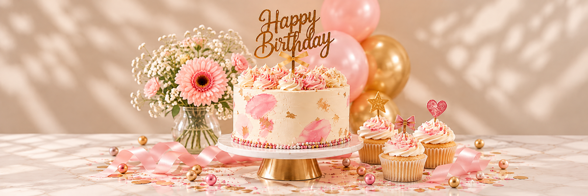 gâteau d'anniversaire avec décorations roses et décors à piquer