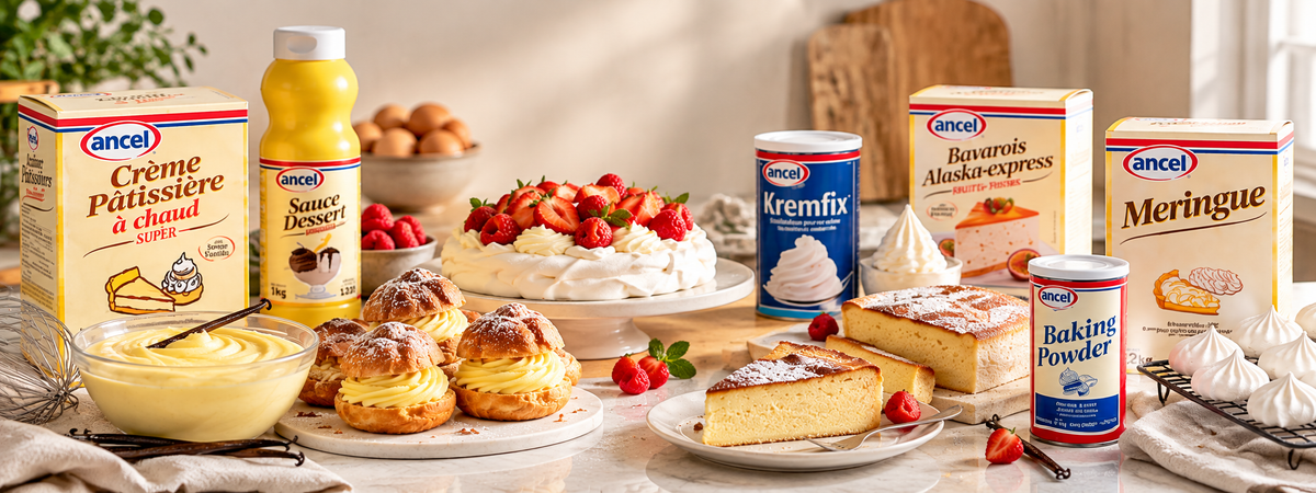 ingrédients de pâtisserie de la marque Ancel accompagnés de pâtisserie sur une table de cuisine