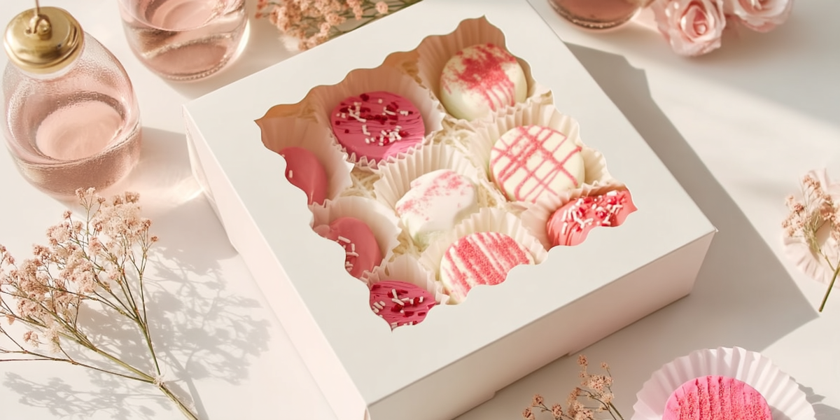 Boîte de pâtisseries décorées rose et blanc