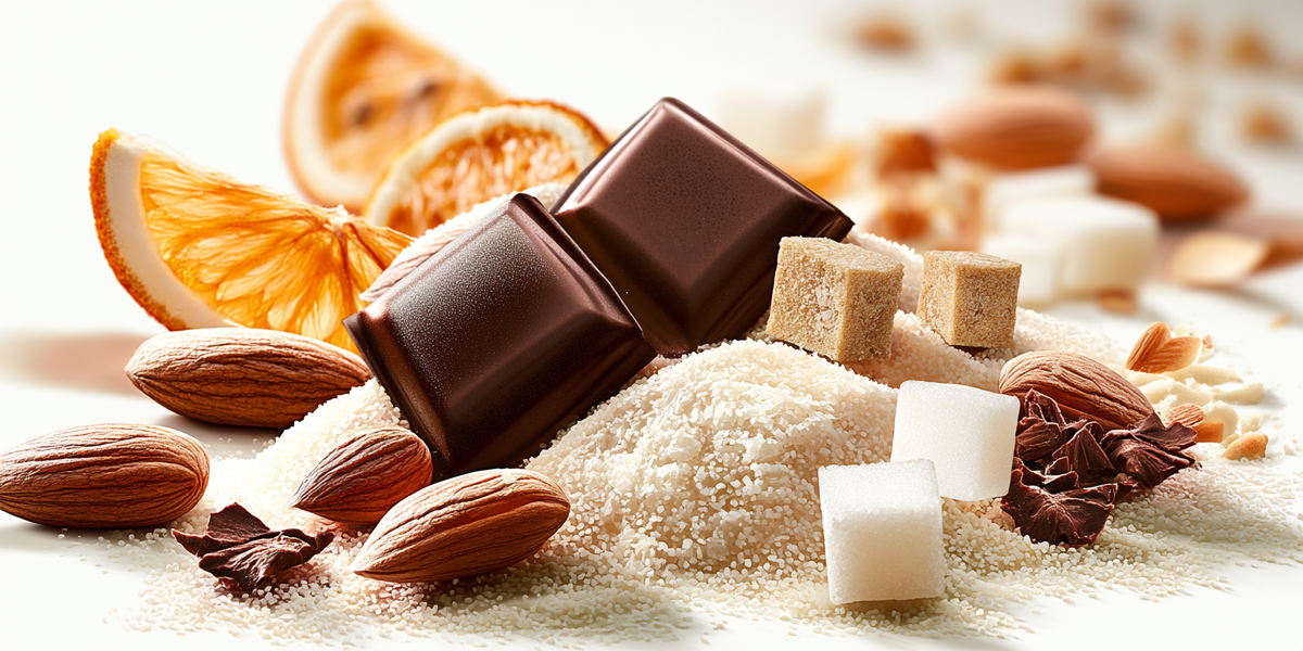 Chocolat, amandes, sucre et orange pour pâtisserie