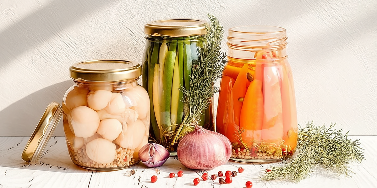 Bocaux de conservation avec légumes marinés et couvercles dorés