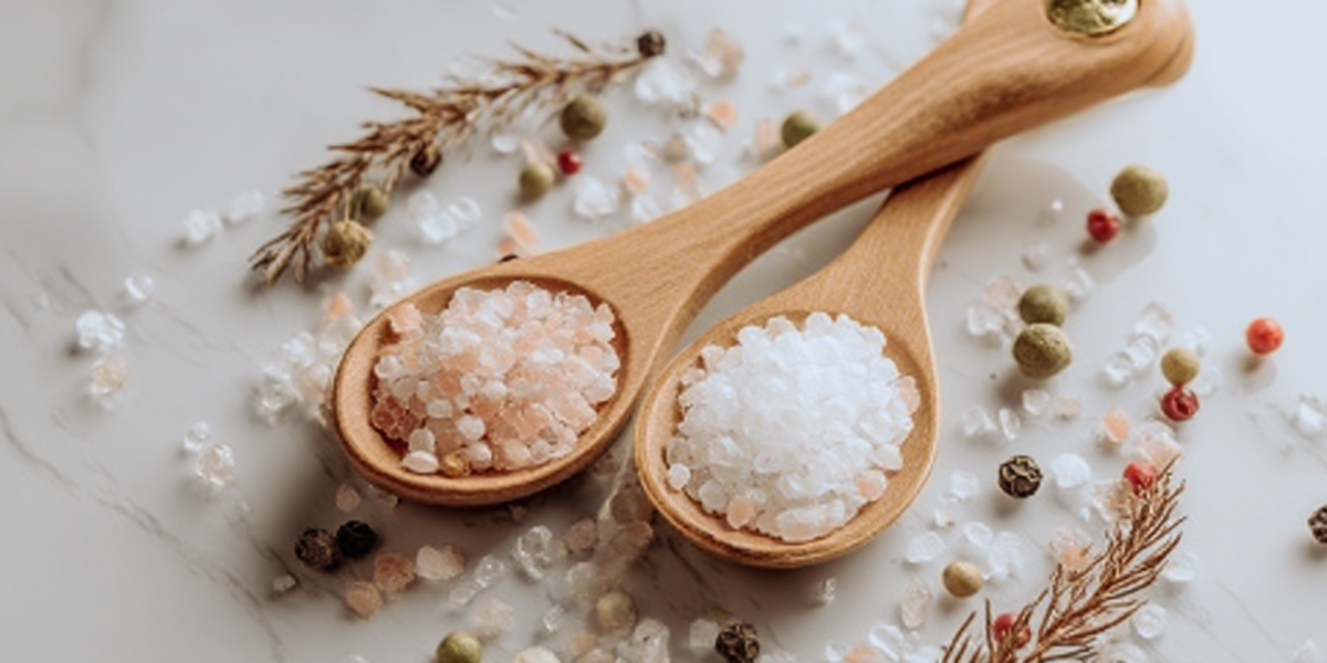 Gros sel rose et blanc avec grains de poivre dans des cuillères en bois