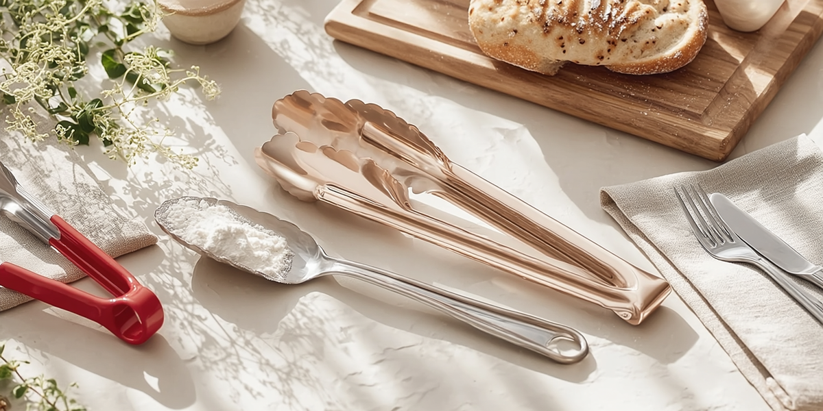 Pinces de cuisine et cuillère en inox avec accessoires de service