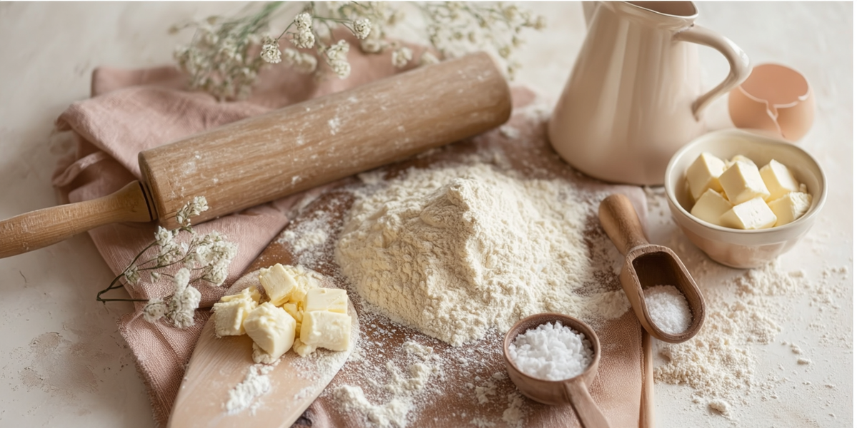 Ingrédients de pâtisserie avec farine, beurre, sucre, œufs et rouleau à pâtisserie sur un plan de travail fariné