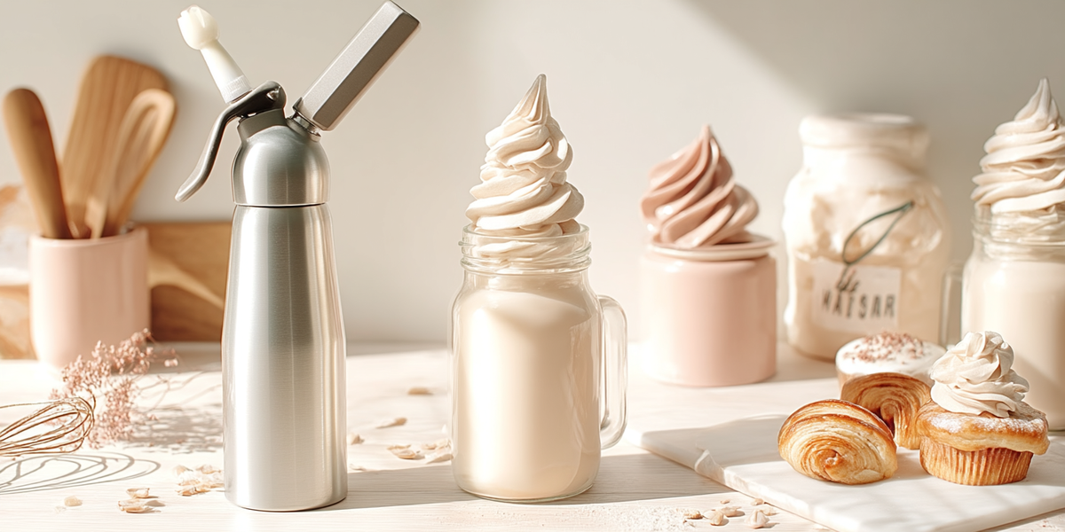 Siphon à chantilly en inox avec desserts et crème fouettée