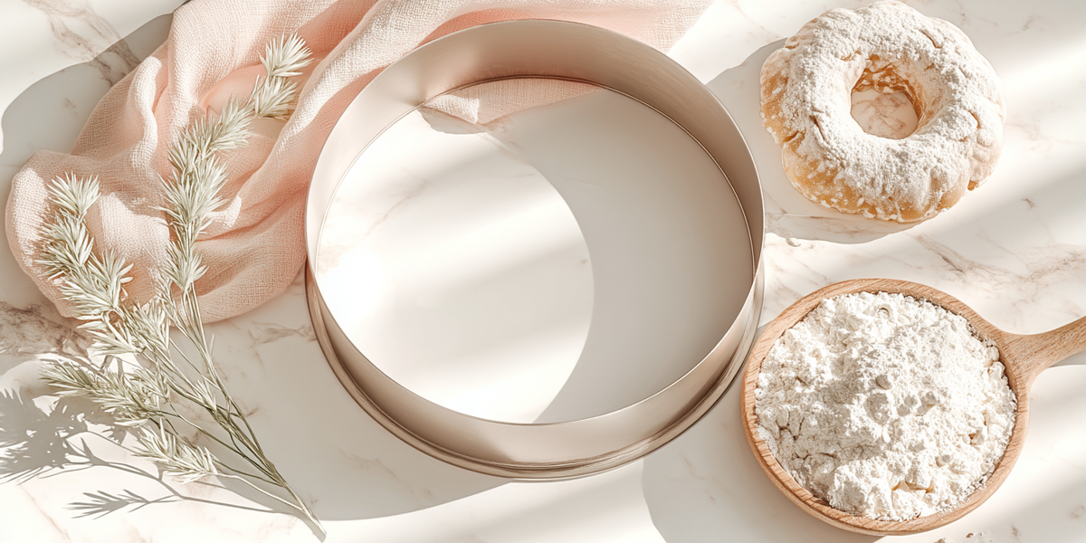 Cercle à pâtisserie rond avec farine et gâteau saupoudré de sucre glace