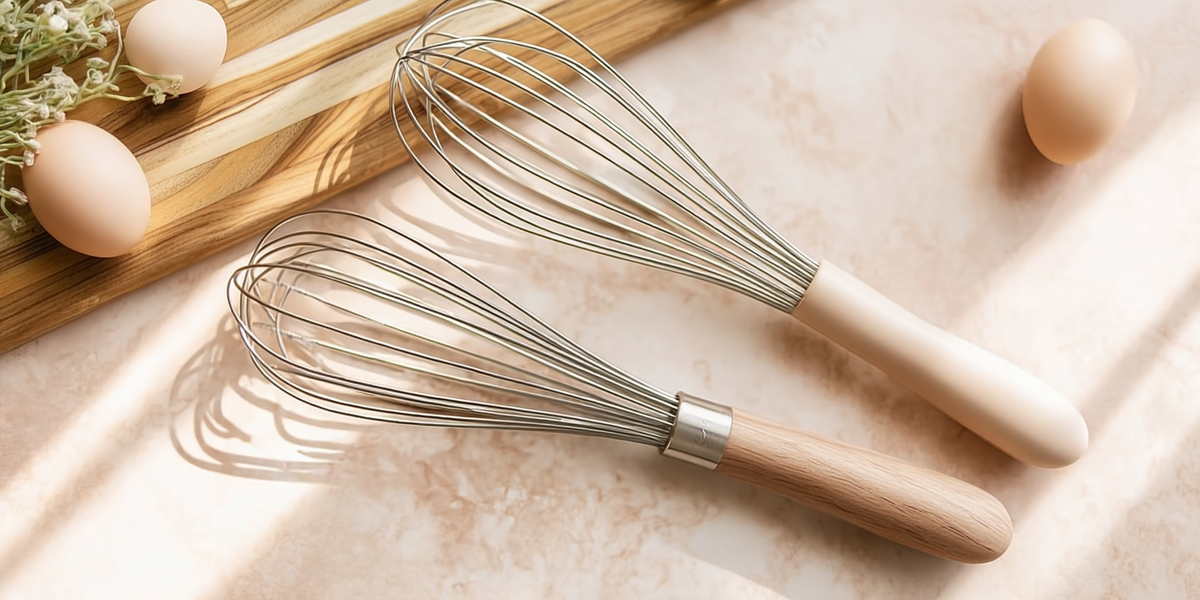 Deux fouets de cuisine en inox avec manches en bois et blanc, accompagnés d’œufs sur un plan de travail