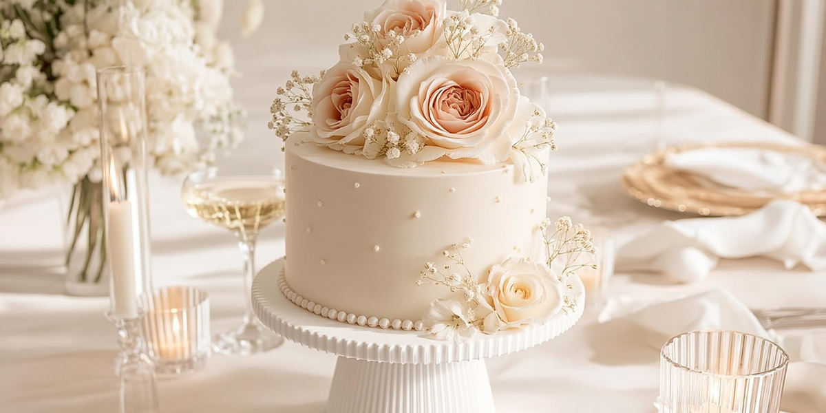 Gâteau de mariage blanc décoré de roses et fleurs délicates