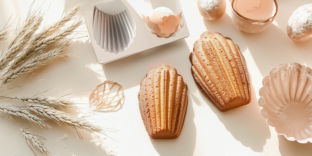 Madeleines dorées avec moules à pâtisserie et épis de blé
