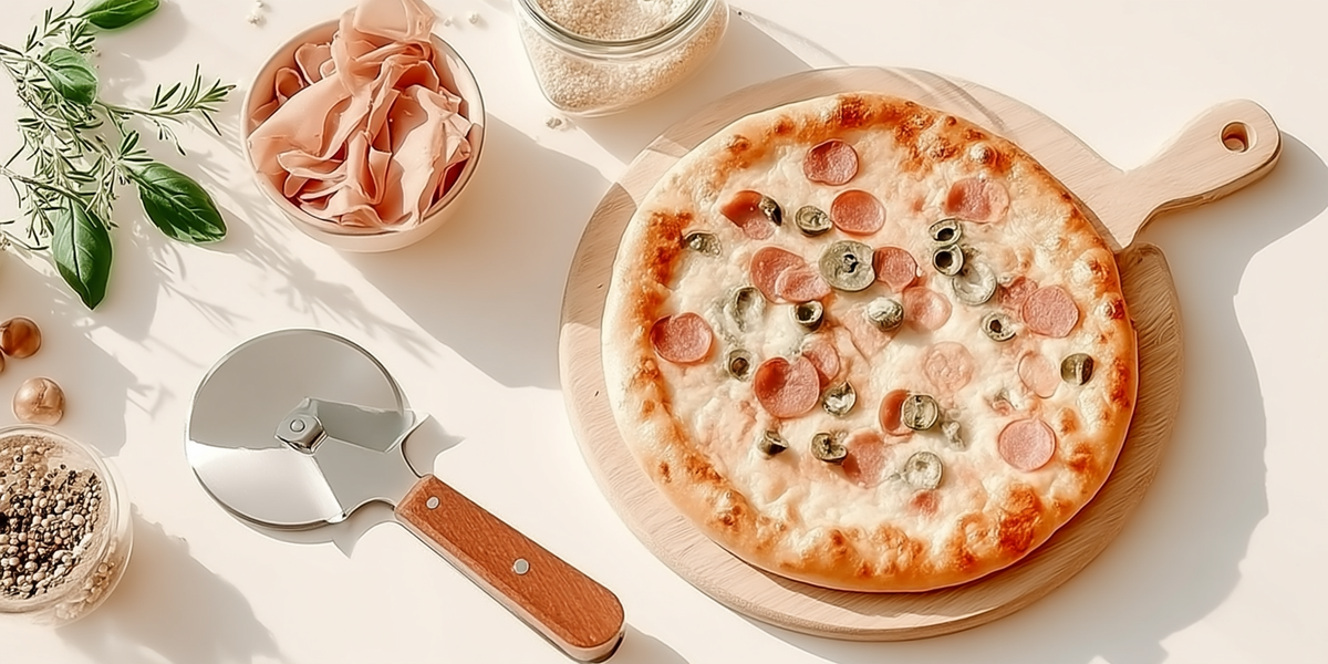 Roulette à pizza avec manche en bois et pizza maison