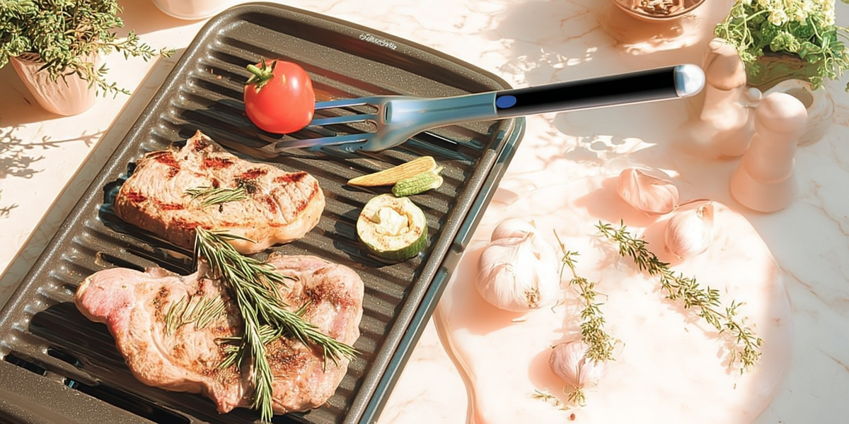 Poêle grill avec pince de cuisine et aliments grillés