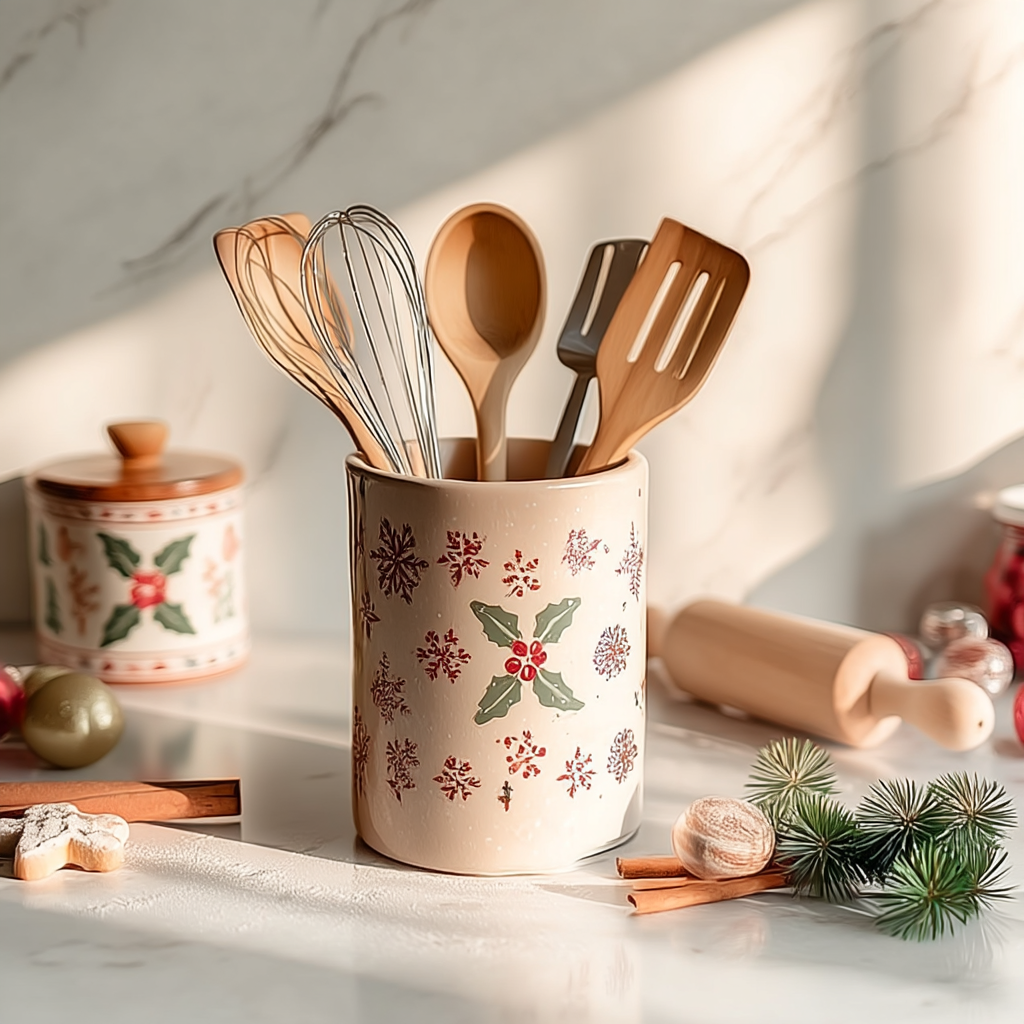 Ustensiles de cuisine dans un pot décoré aux motifs de Noël
