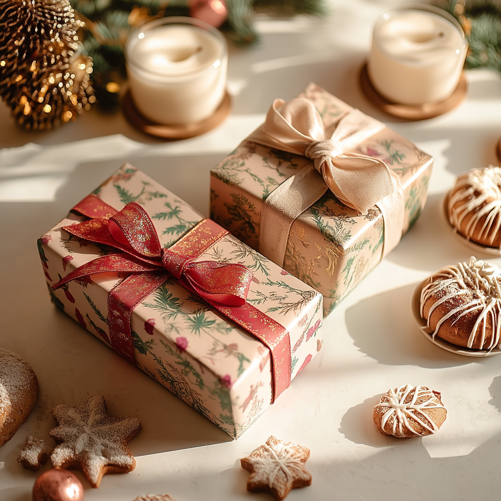Coffrets cadeaux de Noël décorés de rubans avec biscuits festifs