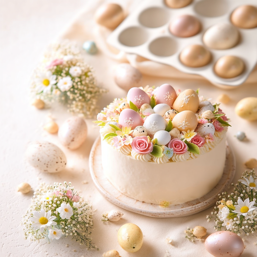 Gâteau de Pâques décoré d’œufs pastel, de roses et de fleurs printanières