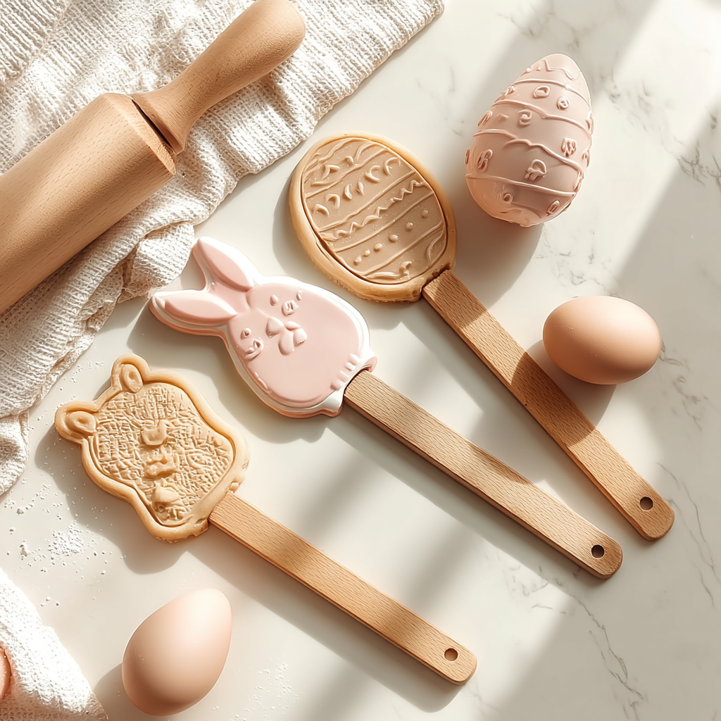 Biscuits de Pâques en forme de lapin et d’œufs décorés, présentés avec rouleau à pâtisserie en bois
