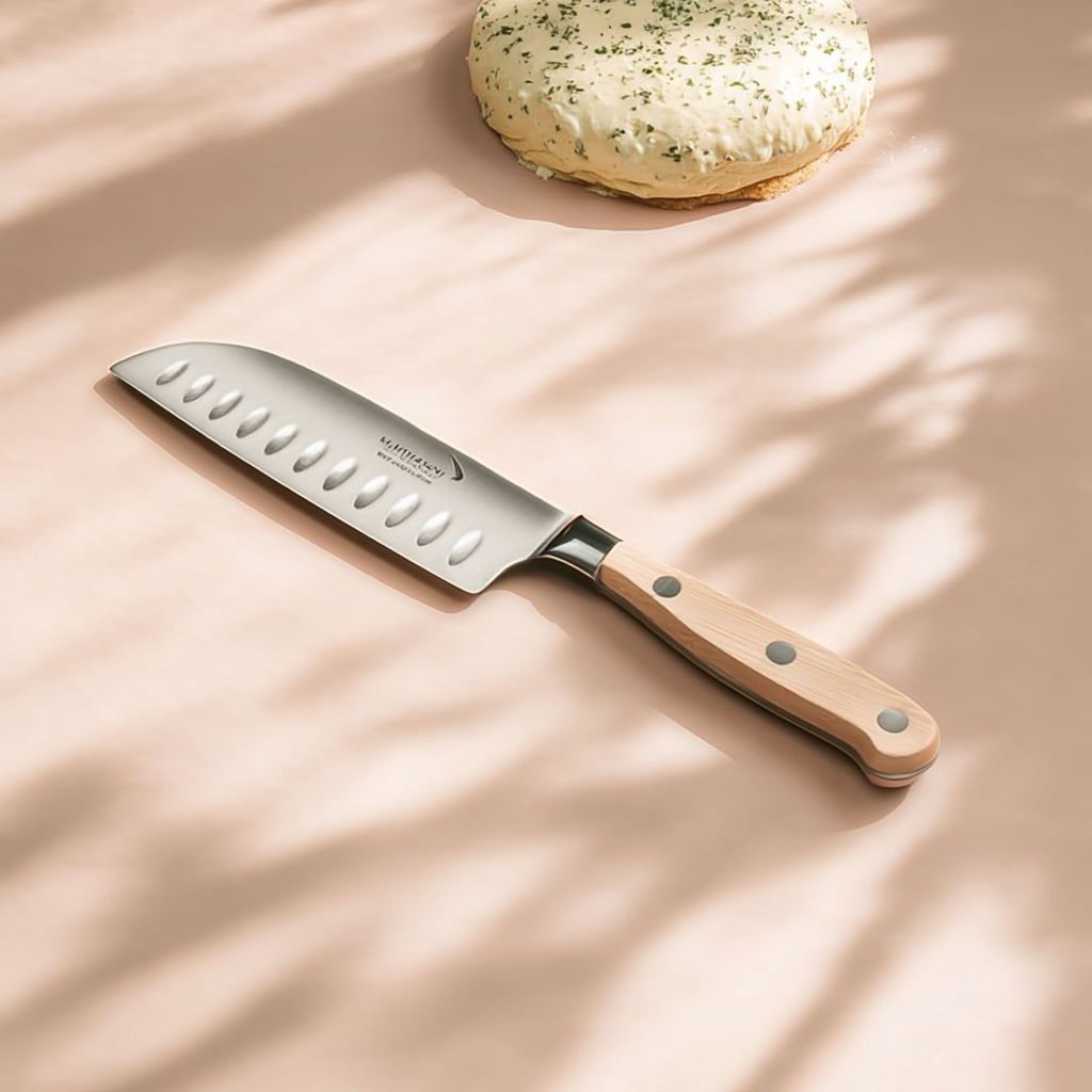 Couteau Santoku à lame alvéolée avec manche en bois