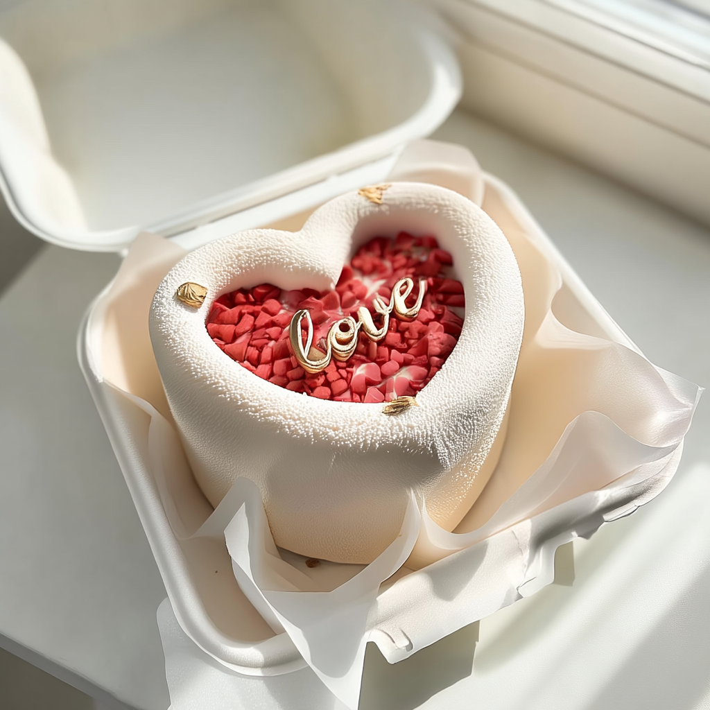 Entremets en forme de cœur décoré de petits cœurs rouges et de l’inscription « Love » dorée