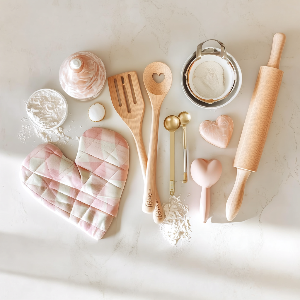 Ustensiles de pâtisserie en bois et accessoires aux tons roses, disposés avec rouleau à pâtisserie et moufle de cuisine