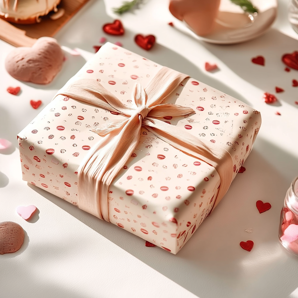 Cadeau de Saint-Valentin emballé avec ruban rose et décoré de petits cœurs rouges et roses